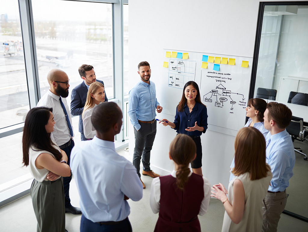 Group of professionals collaborating in high rise office at whiteboard
